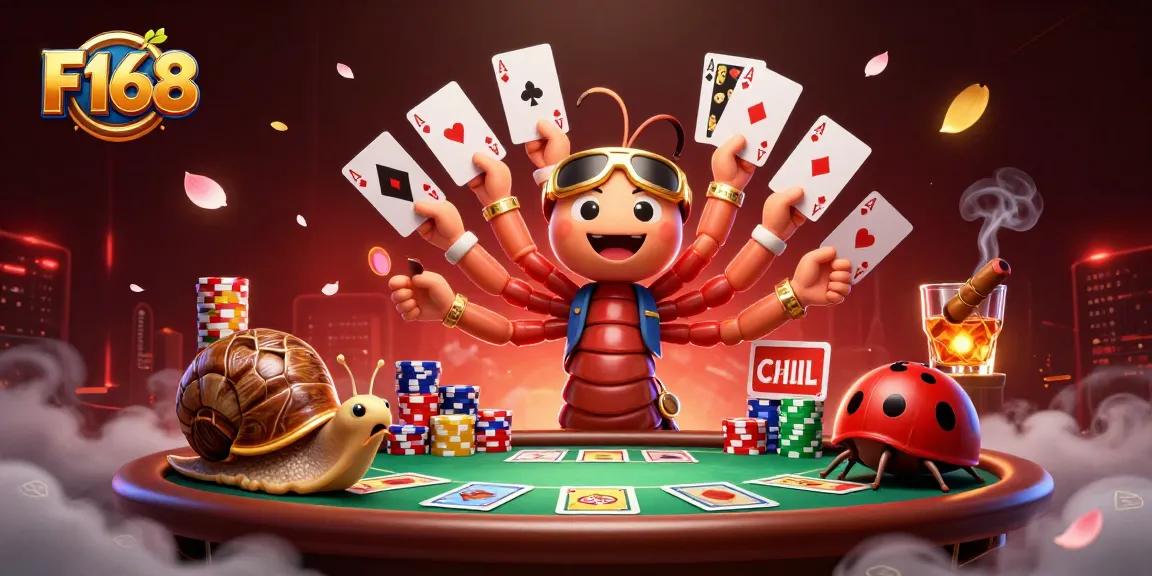 Experience the excitement of F168 with a dynamic illustration of a millipede dealer and high-rollers at a vibrant poker table.