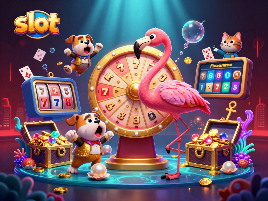 Spin to win at slot games with a flamingo host, bulldog contestant, and prize scoreboard!