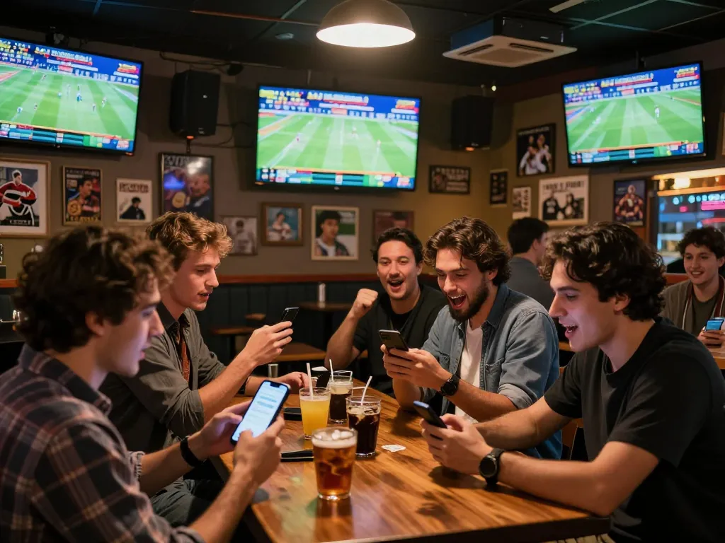 Sports betting excitement at MM88 vin's lively venue, friends analyzing odds and placing bets.