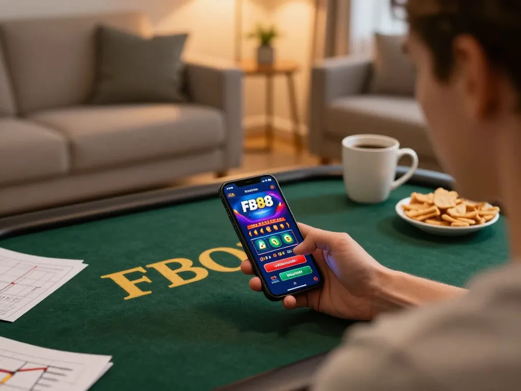 Engaging with the Trang Chủ FB88 app, showcasing excitement in an online gaming setup.