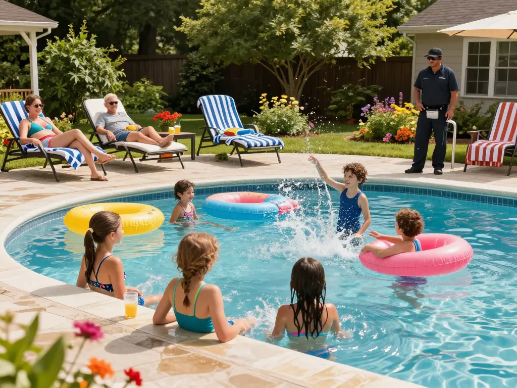 Dolphin Pool Services team providing maintenance at a vibrant family pool in Virginia.