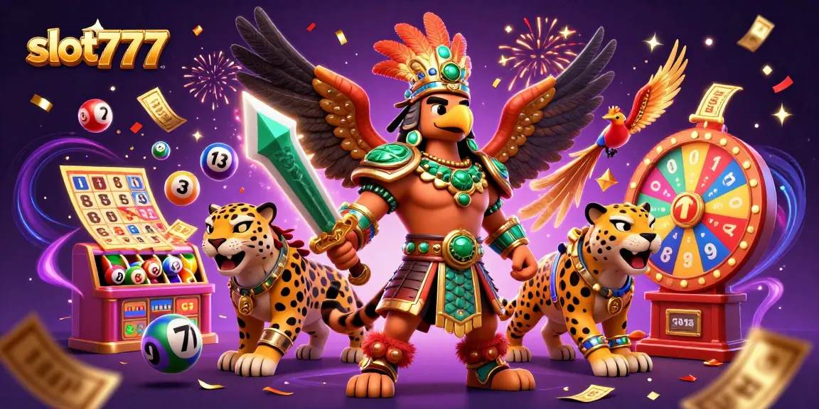 Engage with slot777 excitement through vibrant 3D illustrations of Aztec warriors and casino elements.