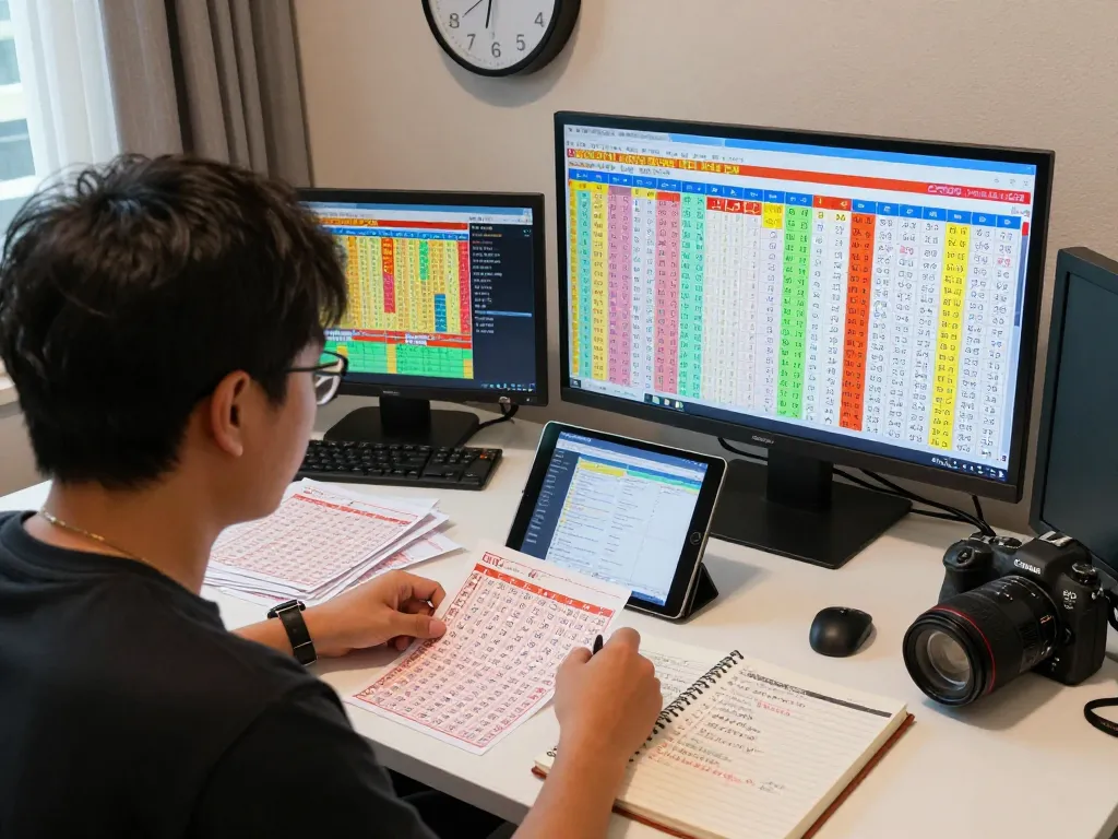 Focused lottery player analyzing HK Lotto data with live draw results on screens.