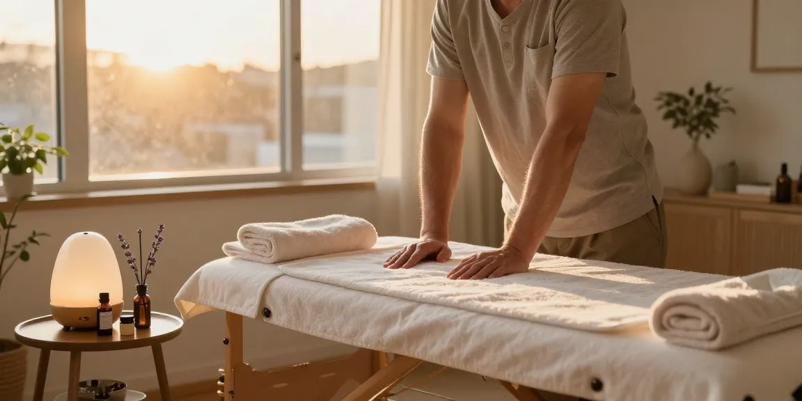 Relaxing 종로출장마사지 setup in serene home atmosphere with essential oils and soothing light.