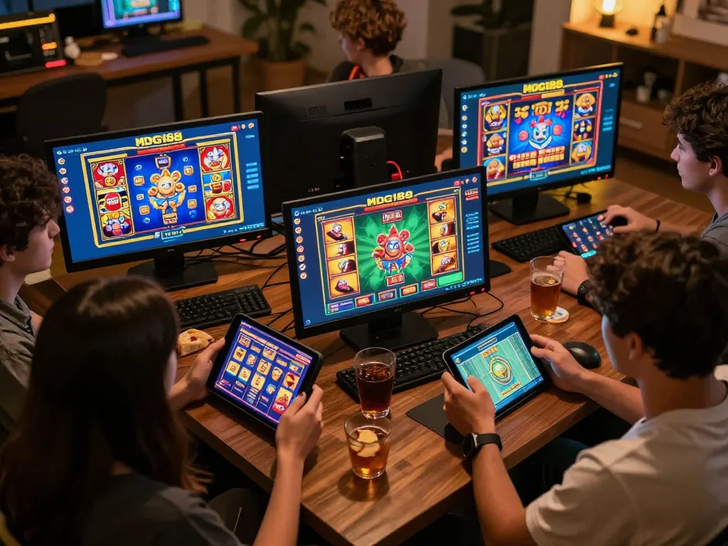 Players engaging with MDG188 games on tablets and smartphones, showcasing online casino excitement.