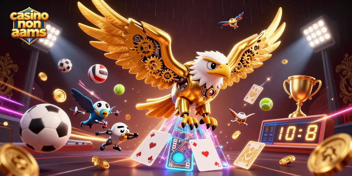Gioca nei casino non AAMS in un'illustrazione 3D con un'aquila dorata tra carte olografiche.