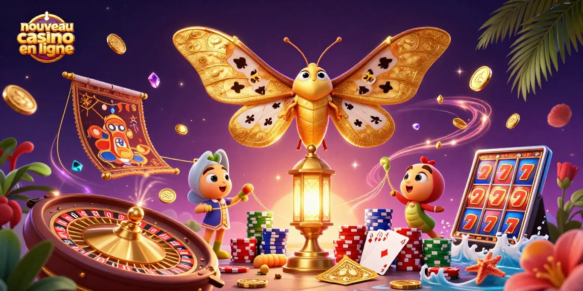 Nouveau casino en ligne avec une illustration 3D de jeux et pièces d'or en plein vol.