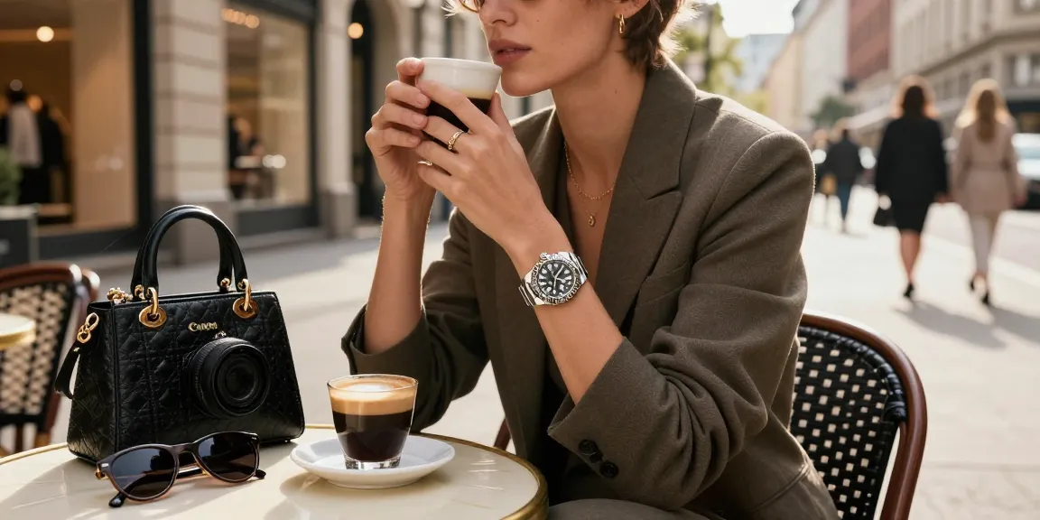 Stylish individual displaying a rolex super clone watch at an upscale café, showcasing luxury and urban elegance.