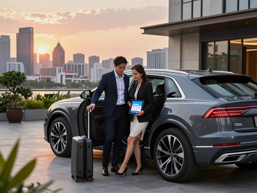 Trải nghiệm cho thuê xe ô tô hạng sang với LuxCar Việt, giới thiệu một chiếc Audi Q8 sang trọng trong không gian đô thị cao cấp.
