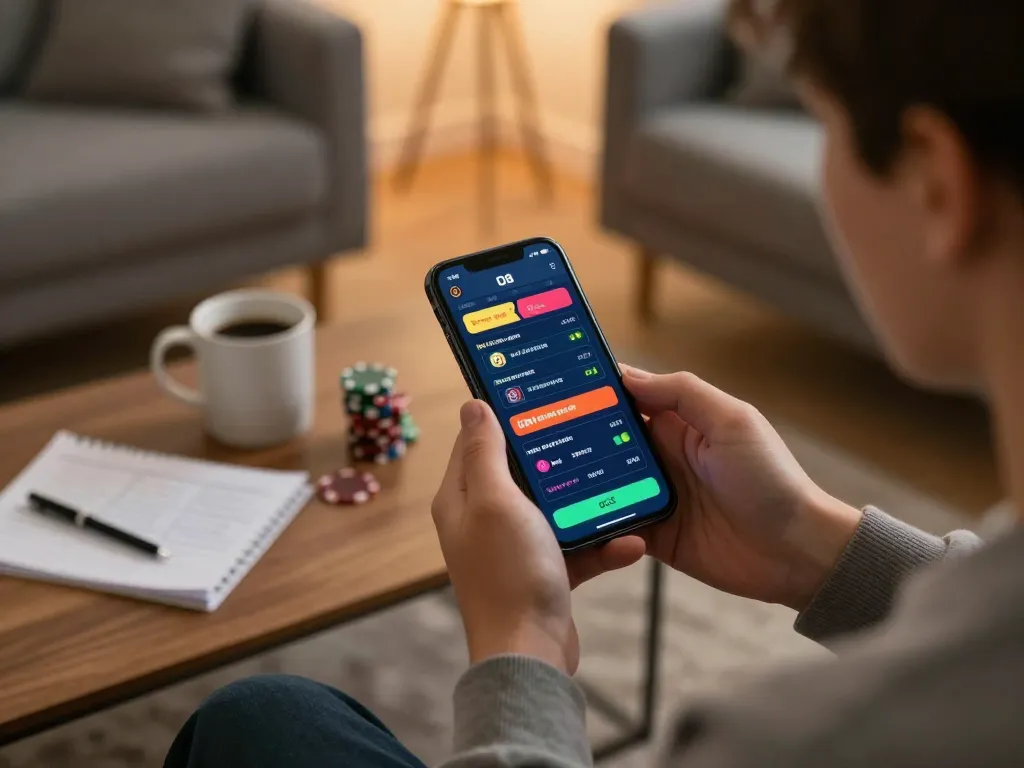 Betting on O8 app on smartphone, capturing excitement in a cozy home atmosphere.