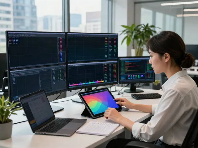 Trader analyzing MetaTrader 5 screens in a modern office.