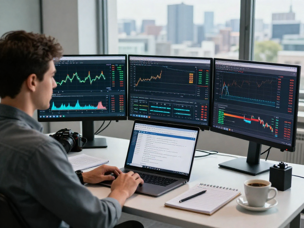 使用MetaTrader 5交易平台的现代交易员工作场景，显示多种交易工具与图表分析。