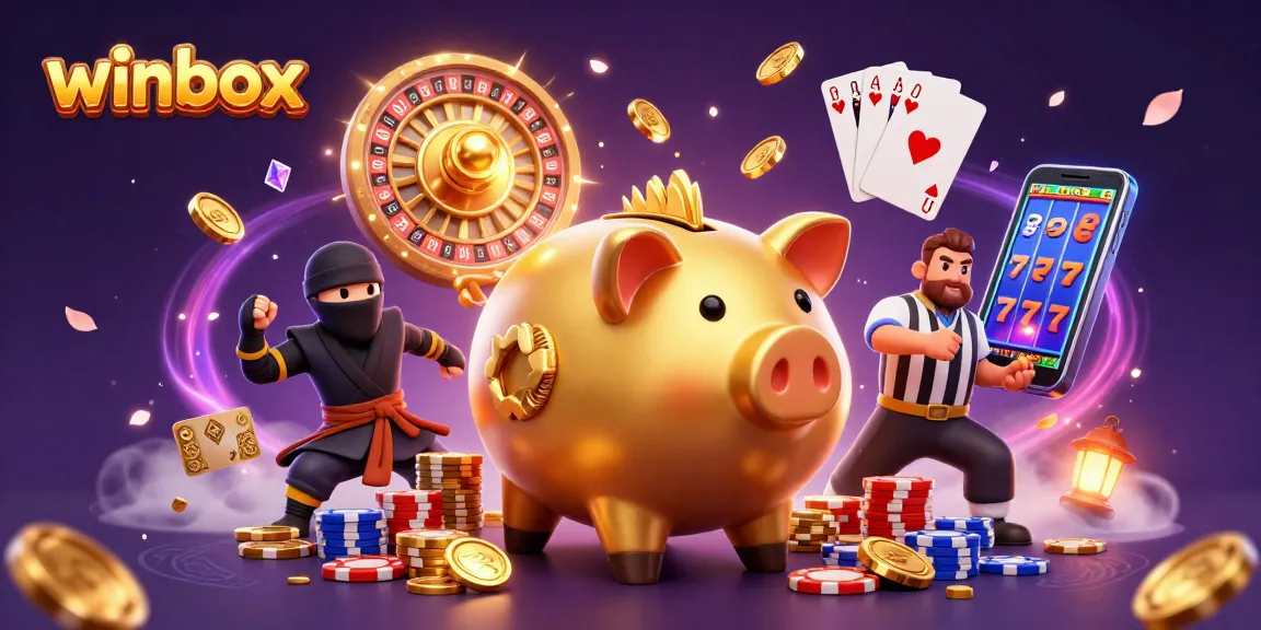 Winbox showcases an epic 3D scene with a piggy bank wrestler, coins, and casino elements.