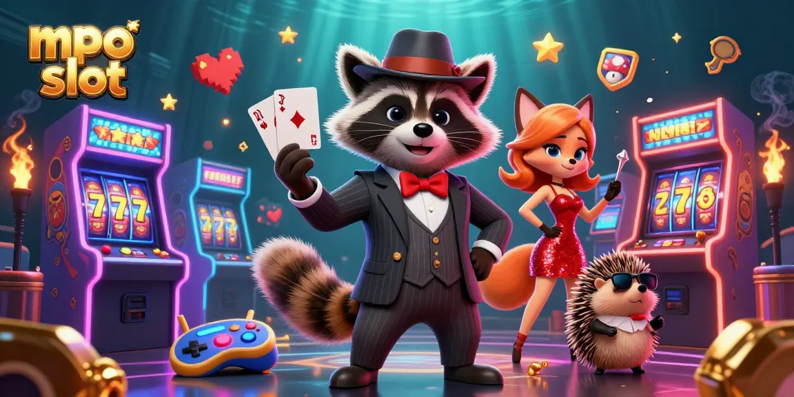 Spin the reels in the exciting world of mpo slot with charming characters in a vibrant casino scene.