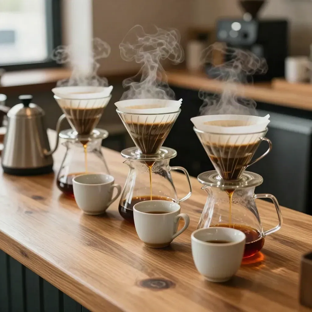 Pour-over coffee drips in a cozy café, with steam, kettle, and ceramic cups on a warm counter.