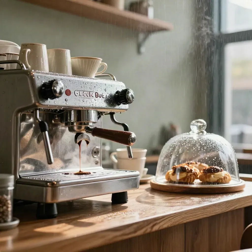 Moody macro of espresso machine, pour-over setup, pastry dome and stacked cups in a café bar.