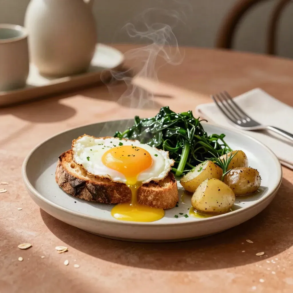Brunch plate with runny eggs, greens, toast, potatoes, herbs, and steam on stoneware.
