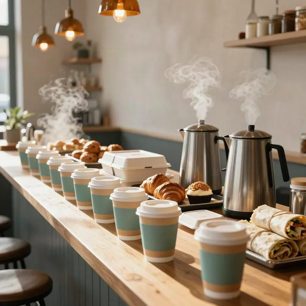 Low-angle café pickup line with cups, breakfast boxes, pastries, and steam on a wooden counter.