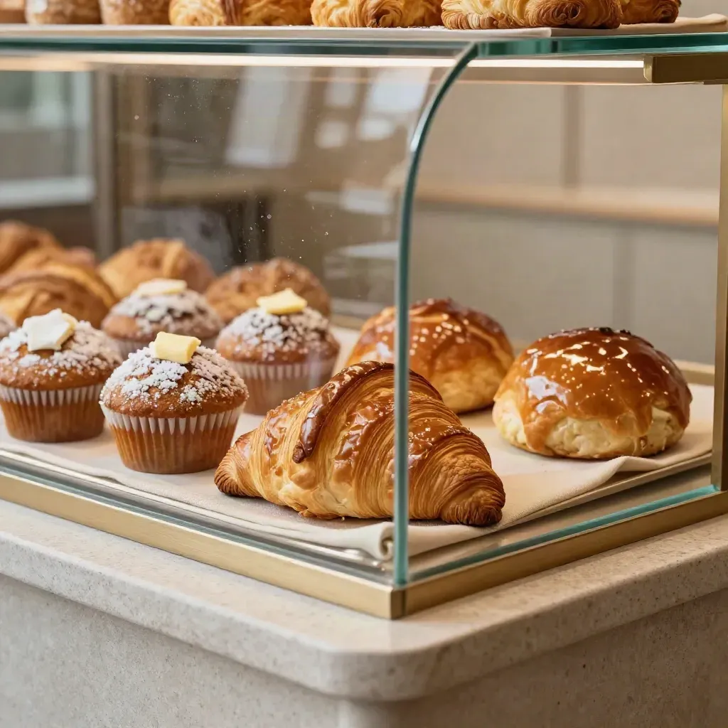 Curved pastry case with croissants, muffins, and a glazed bun on a linen-lined tray.