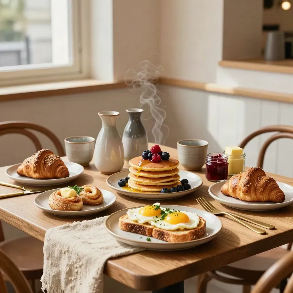 Brunch spread with pastries, eggs, and coffee carafes set for six on a warm oak table.