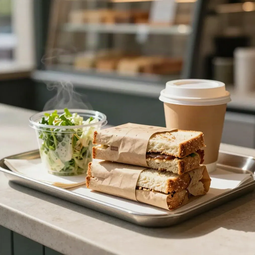 Takeaway lunch tray with sandwiches, salad cup, and coffee ready on a café counter.