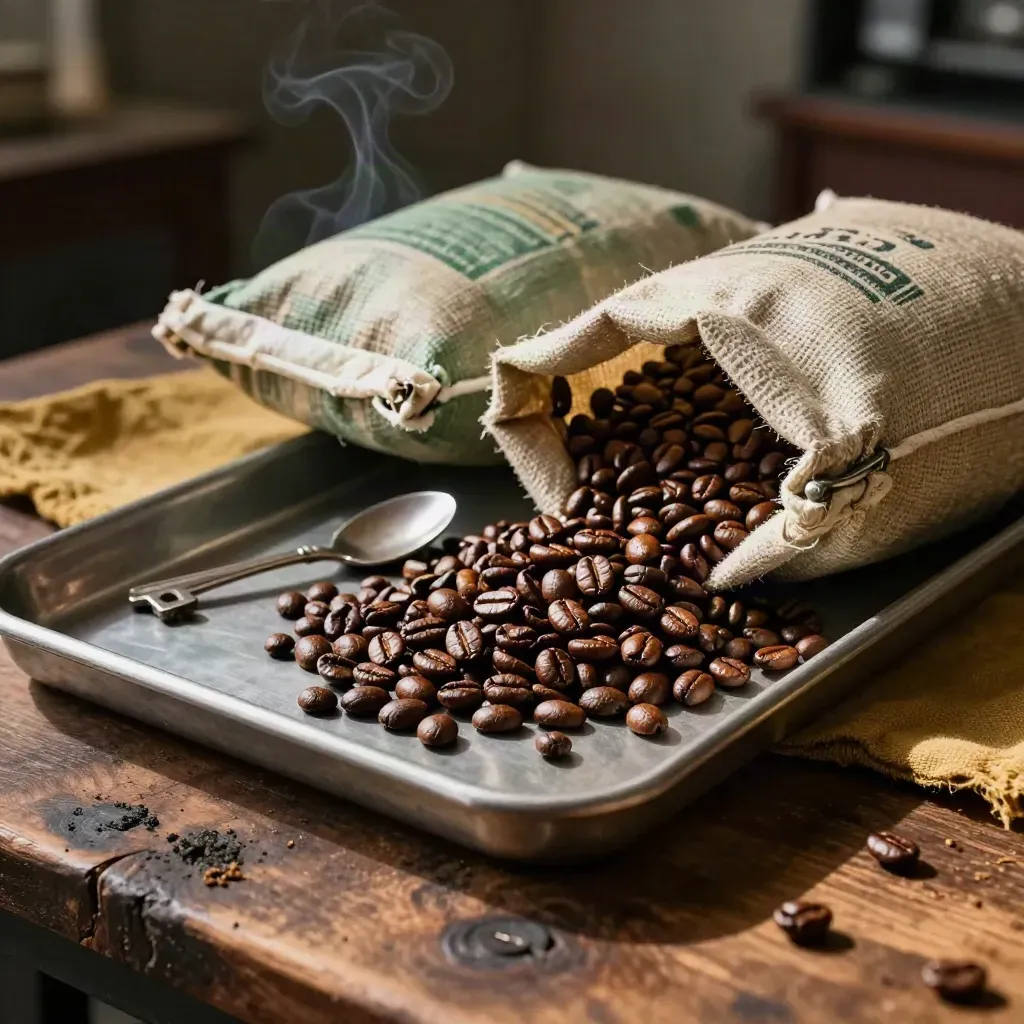 Roast sample tray with spilling beans, sample spoon, and green coffee sacks on a dark bench.