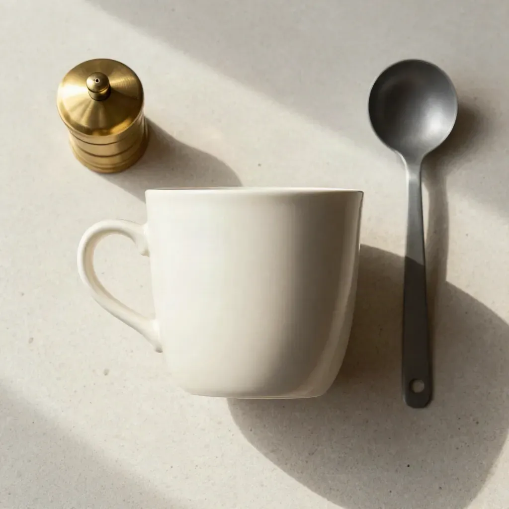 Overhead flatlay of a cream cup, brass dose cup, pastry knob, and bean scoop on pale stone.