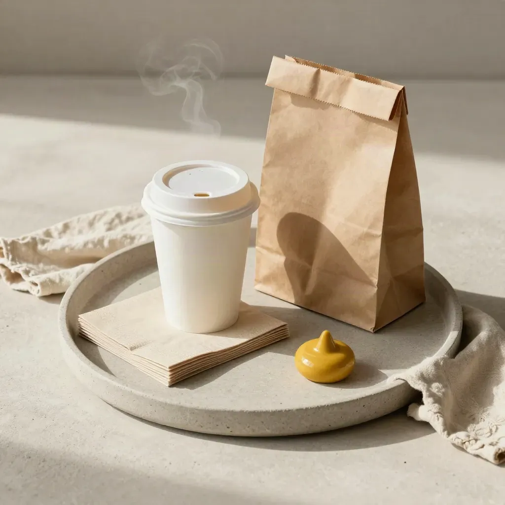 Takeaway coffee cup, paper bag, napkins and ceramic token on a stone tray with soft steam