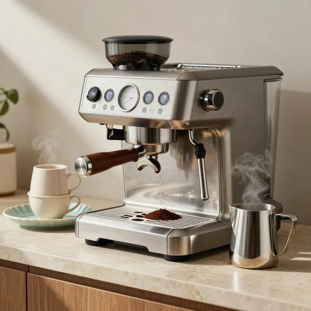 Espresso machine, grounds, cups, pastry tray, and milk pitcher on a prep counter