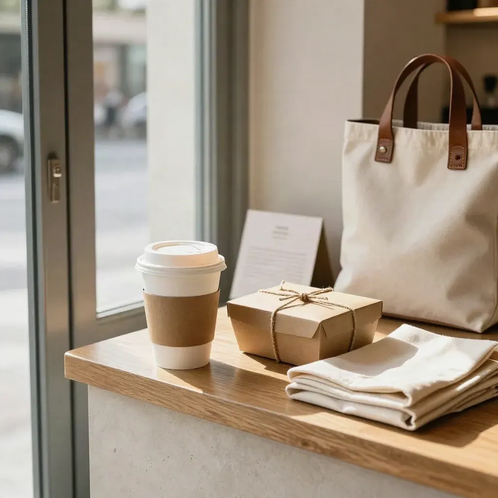 Sealed takeaway cup, bakery box, and tote waiting by a café door in daylight.
