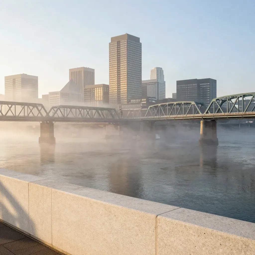 Downtown Portland skyline and Steel Bridge above calm Willamette mist at blue hour