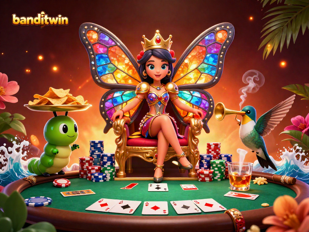 Banditwin merayakan kemenangan dengan ratu kupu-kupu dalam suasana kasino yang kaya dan dinamis