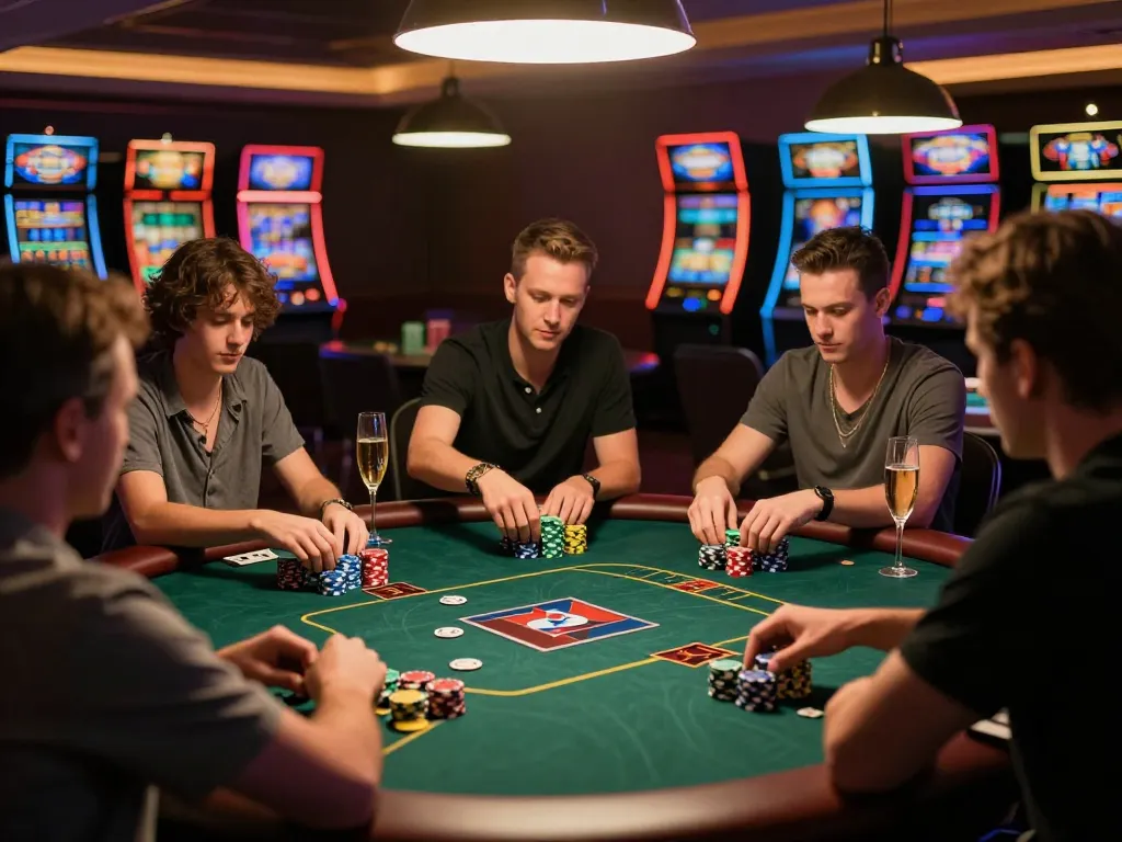 Players strategizing at a poker table in a luxurious casino atmosphere at luck8biz.