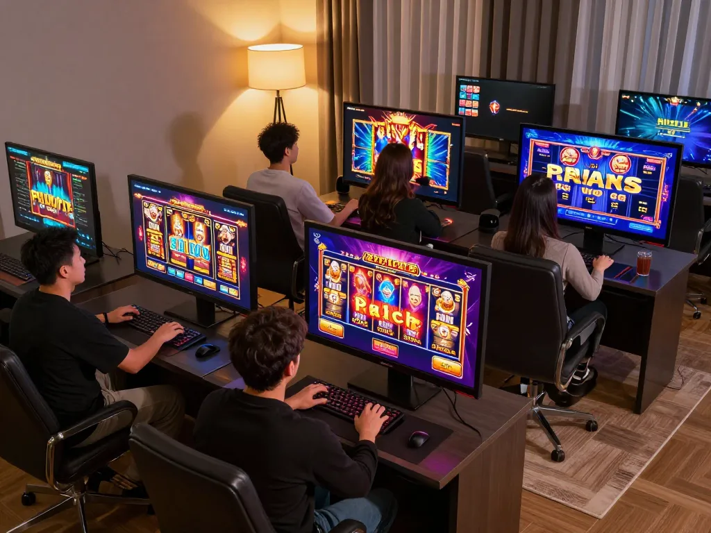 Players enjoy engaging slot pulsa games online, celebrating wins and strategic gameplay