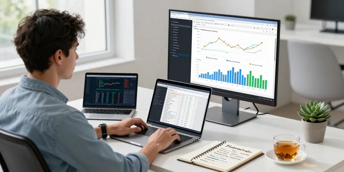 Data analyst utilizing NAGA2000 strategy at a modern tech workspace with financial charts and laptop.