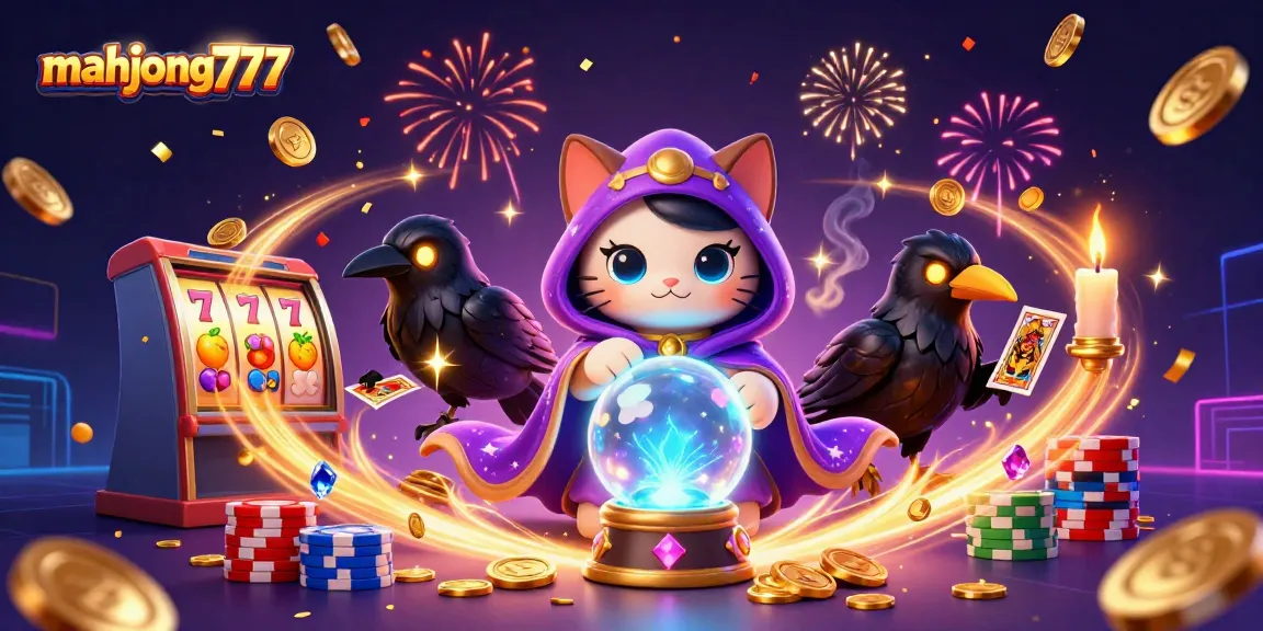 Experience excitement with mahjong777 slot action showcasing fortune teller cat, raven, and coins.
