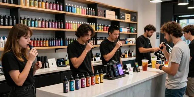 Experience the vibrant atmosphere of a vape shop featuring Alt Zero E-Liquid 60ml with diverse vapers enjoying their favorite blends.