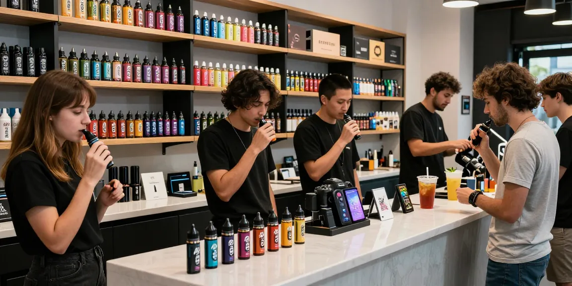 Experience the vibrant atmosphere of a vape shop featuring Alt Zero E-Liquid 60ml with diverse vapers enjoying their favorite blends.