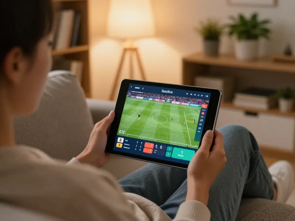 Socolive user enjoying live football streaming on tablet while relaxing at home