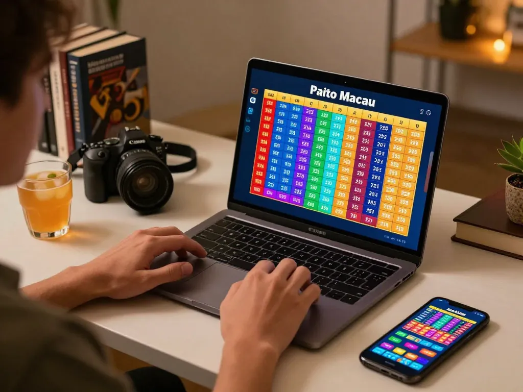 Paito macau online gameplay setup with player focused on strategic betting and colorful data displayed on screen.