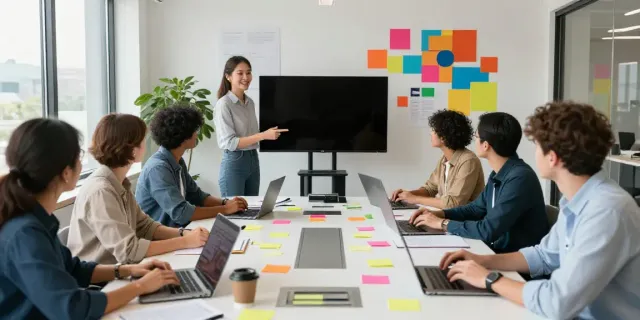 Marketing team creating AI generated advertising copy in a modern office.