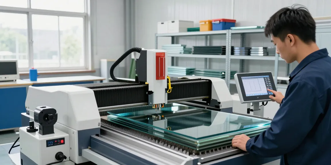 Technician using a glass cutting machine CNC in an industrial workshop, showcasing precision glass processing.