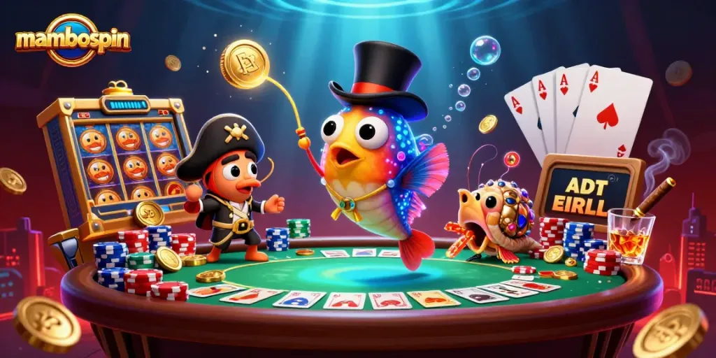 Menangkan koin emas dengan mambospin dalam ilustrasi kasino animasi bawah laut.