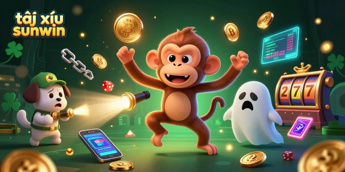 Tài xỉu sunwin showcases a vibrant and lively 3D casino environment with playful characters like a mischievous monkey and a curious puppy.