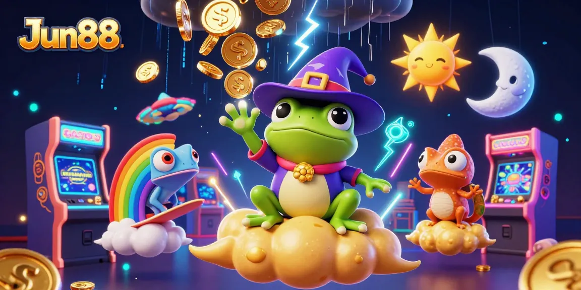 Experience the fun of Jun88 with a cartoon wizard frog creating golden coin storms amidst vibrant gaming elements.