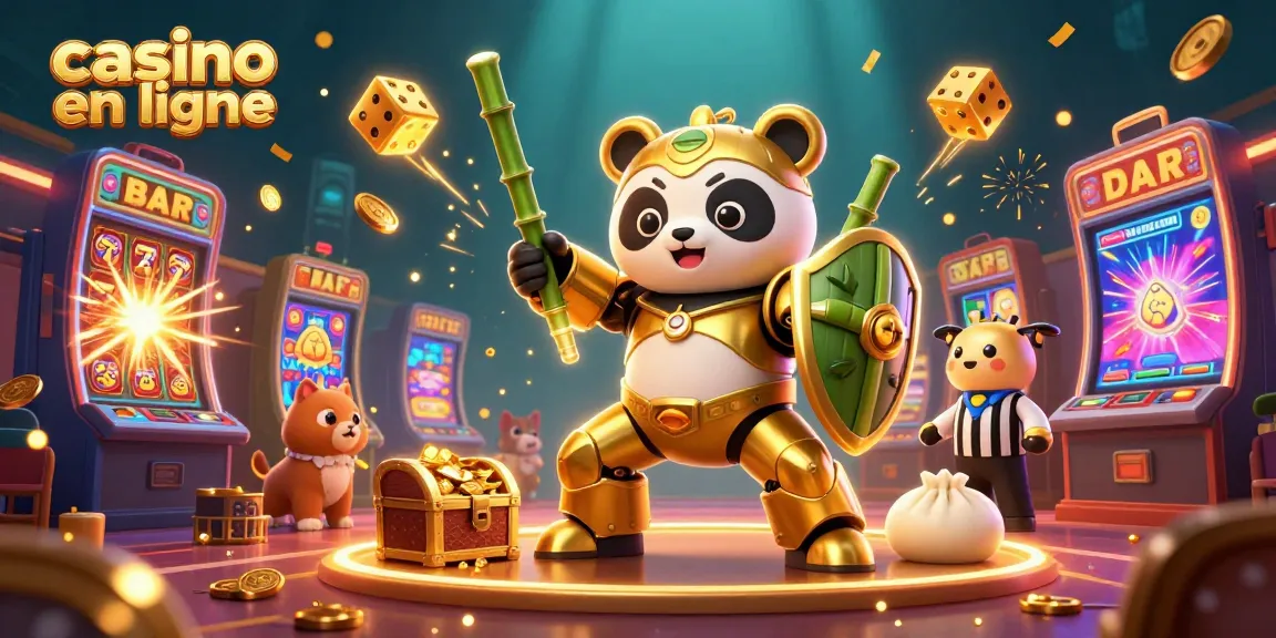 Plongez dans l'univers du casino en ligne avec une illustration dynamique mettant en avant un panda doré mécanique entouré de jeux euphoriques.