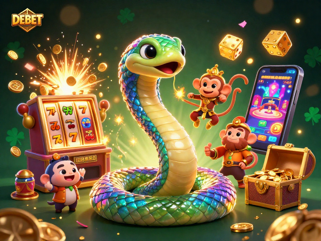 Experience DEBET jackpots with a vibrant 3D illustration of playful casino elements and characters.
