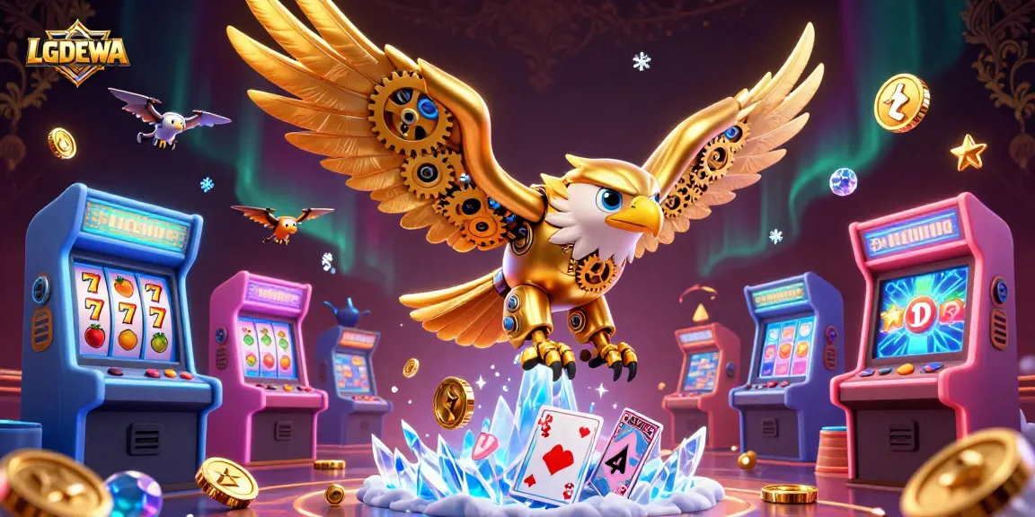 Experience the excitement of LGODEWA gaming with a vibrant 3D eagle diving through holographic cards and slot elements.