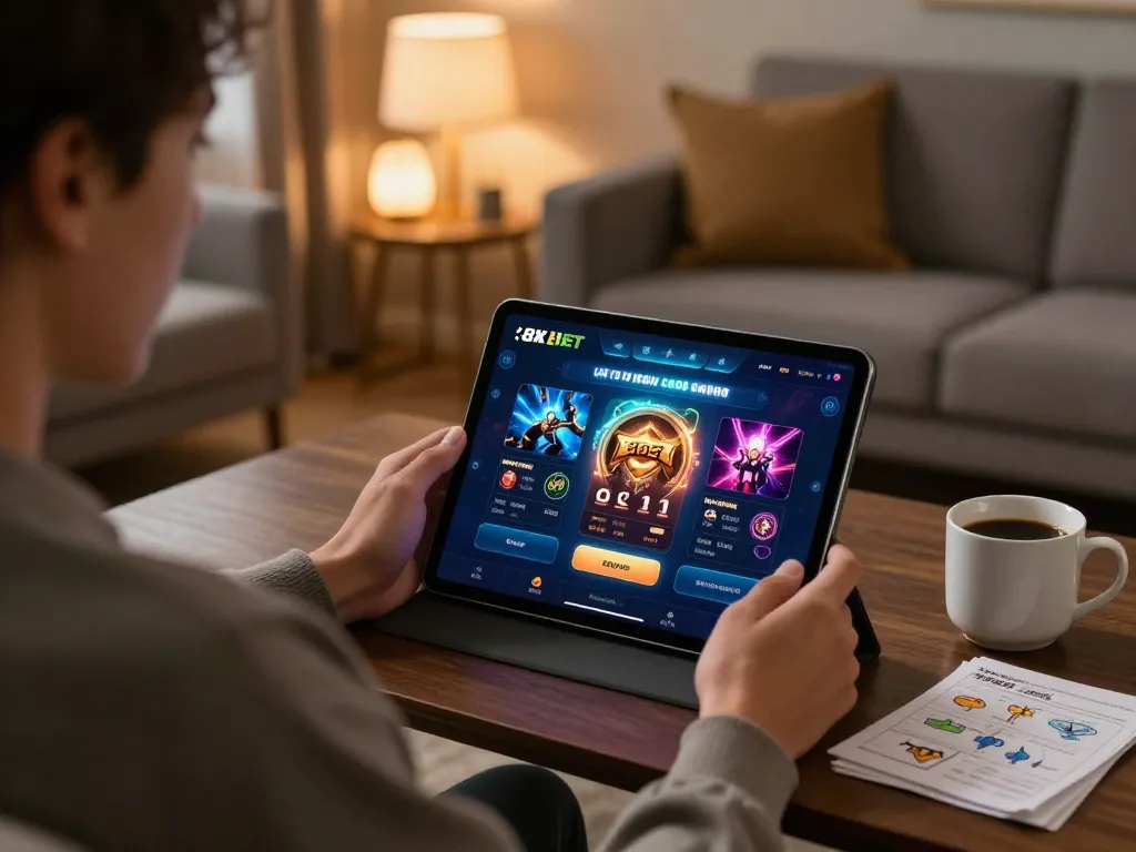 Player engaging with 8xbet app on a tablet in a cozy living room setting, surrounded by strategy notes.