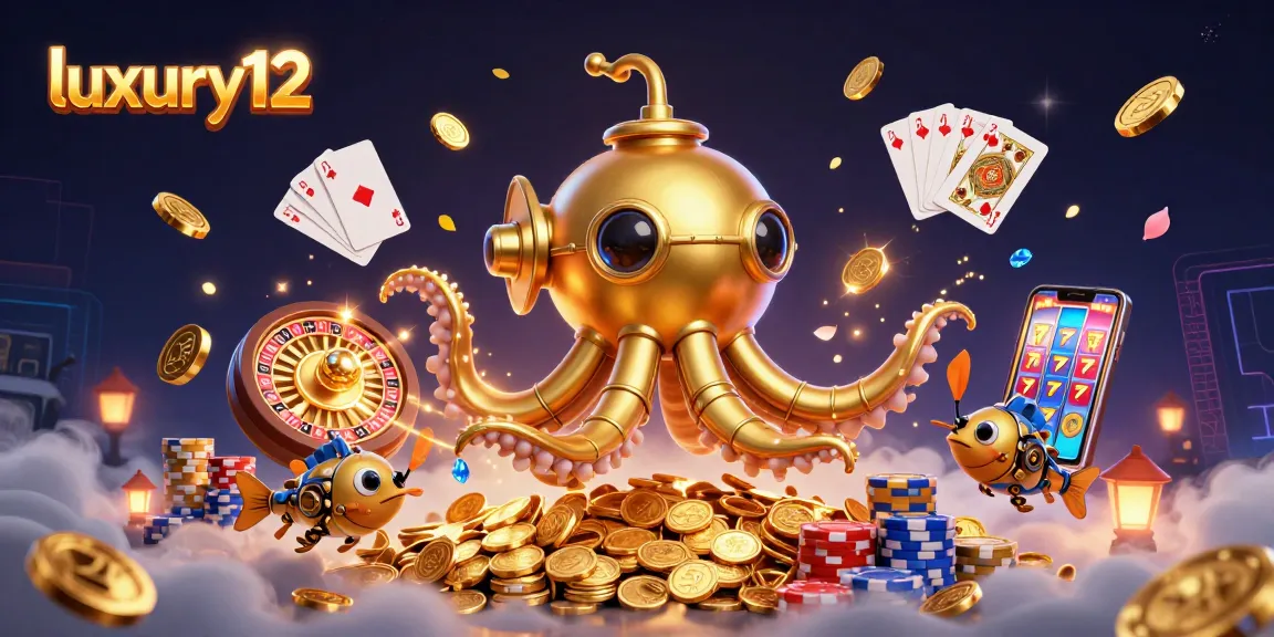 Experience thrilling wins with luxury12 amidst a vibrant casino scene filled with coins and cards.